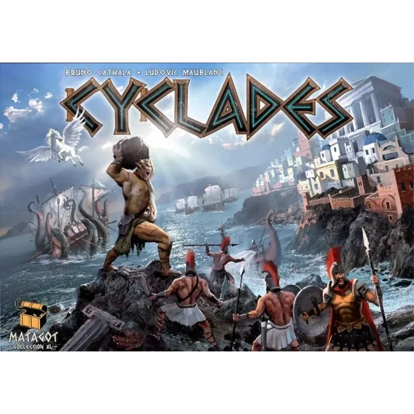 Cyclades board game box cover showing Greek warriors, mythological creatures, and island city artwork.