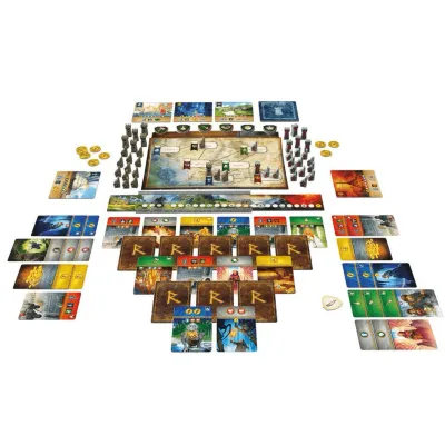 The Lord of the Rings: Duel for Middle-earth components with cards, board, tokens, coins, and fortress pieces.