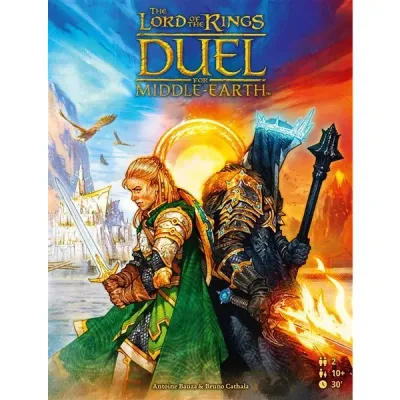 The Lord of the Rings: Duel for Middle-earth box cover showing Galadriel and Sauron back to back.