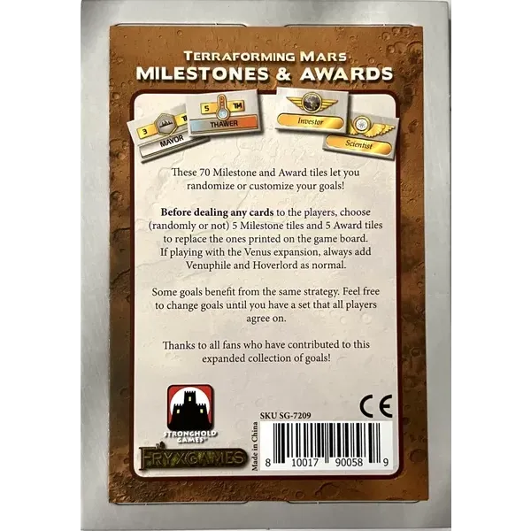 Terraforming Mars: Milestones &amp; Awards pack back showing milestone and award tile examples with product details.