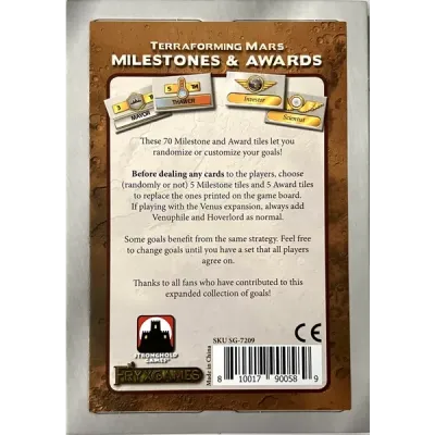 Terraforming Mars: Milestones & Awards Terraforming Mars: Milestones & Awards pack back showing milestone and award tile examples with product details.