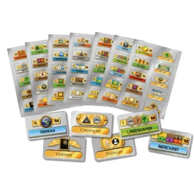 Terraforming Mars: Milestones & Awards tile preview showing multiple milestone and award tiles for customizing game setup.