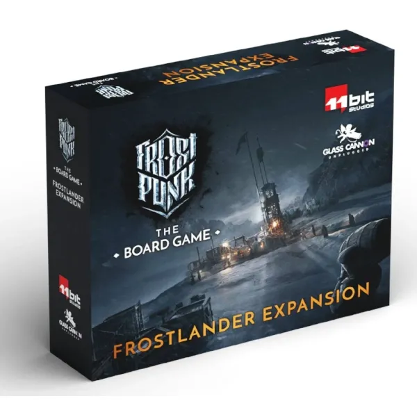 Frostpunk: The Board Game Frostlander Expansion box with a frozen industrial city scene.