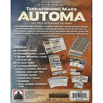 Terraforming Mars: Automa box back showing expansion contents, cards, boards, cubes, and solo mode components.