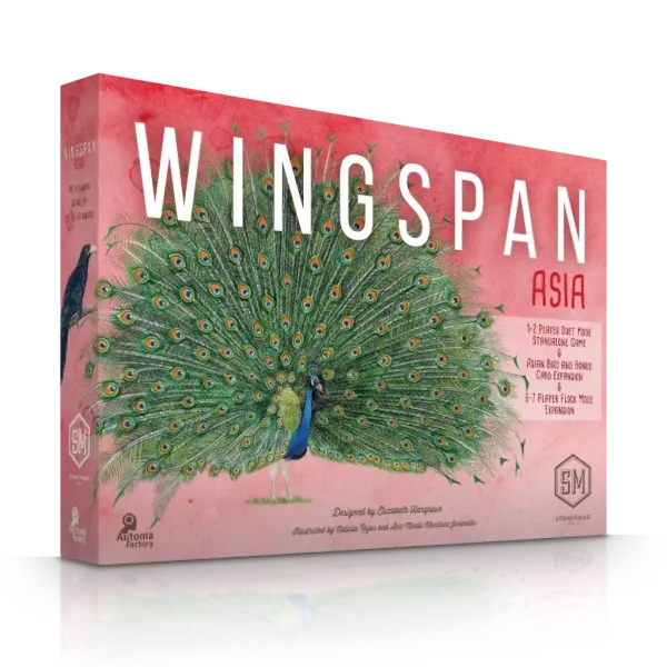 Wingspan Asia box cover showing a peacock with its feathers spread.