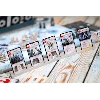 Star Wars: Battle of Hoth card close-up showing Rebel unit cards on a battlefield display.
