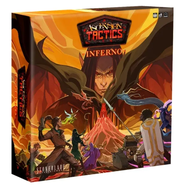 Ascension Tactics: Inferno box cover showing fantasy heroes facing a fiery demonic threat.