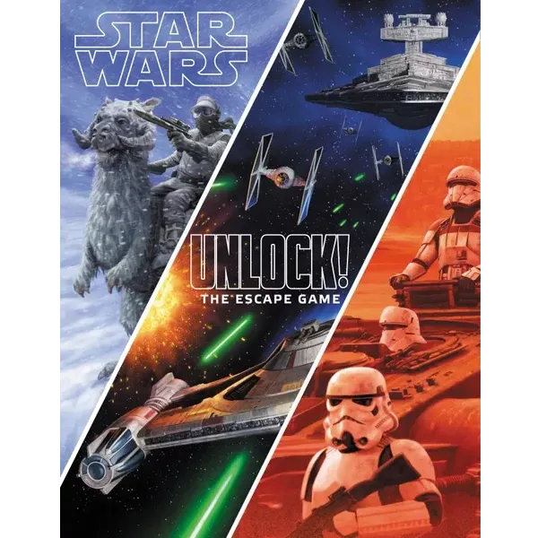 Unlock! Star Wars: The Escape Game box cover showing Hoth, space battle, and Jedha adventure scenes.