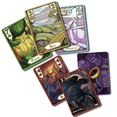The Lord of the Rings: The Fellowship of the Ring Trick-Taking Game cards showing locations and encounter cards.