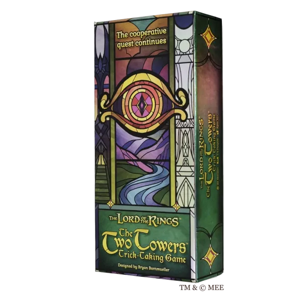 The Lord of the Rings: The Two Towers Trick-Taking Game box with stained-glass style artwork.