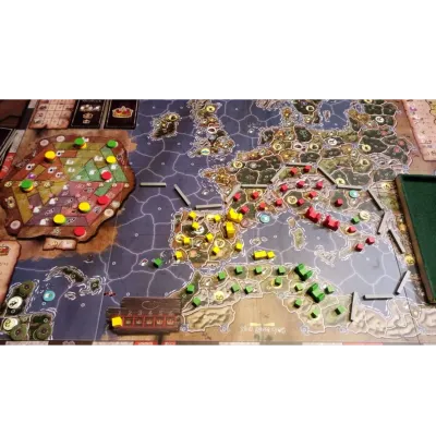 Era of Tribes gameplay with colored wooden pieces placed across the Europe map.