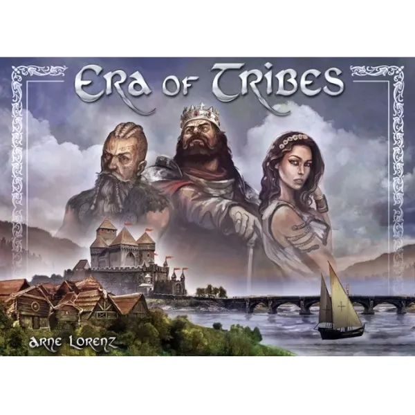 Era of Tribes box cover showing historical leaders above a coastal settlement.
