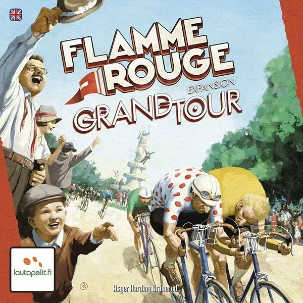 Flamme Rouge: Grand Tour box cover with cyclists racing past cheering spectators.