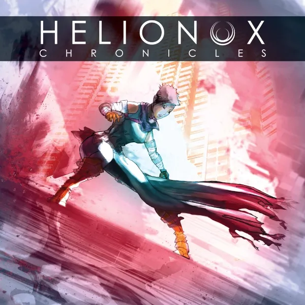 Helionox: Chronicles box cover with sci-fi character flying through a pink futuristic cityscape.