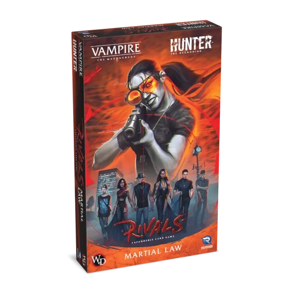 Vampire: The Masquerade – Rivals: Martial Law box cover with hunter aiming a scoped rifle.