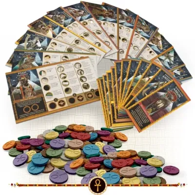 Ankh: Gods of Egypt – Divine Offerings components with god dashboards, joined god dashboards and colored Ankh tokens.