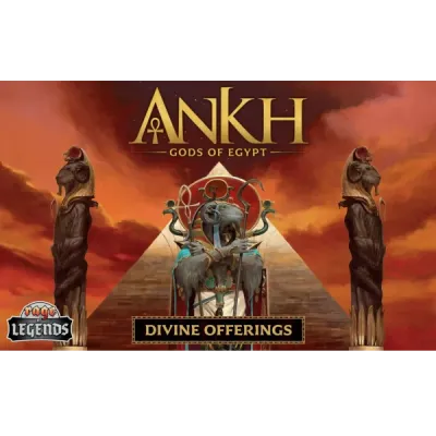 Ankh: Gods of Egypt – Divine Offerings cover art with Egyptian statue and pyramid at sunset.