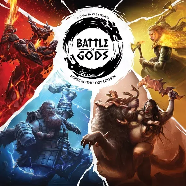 Battle of Gods box cover showing four Norse mythology champions around the game logo.