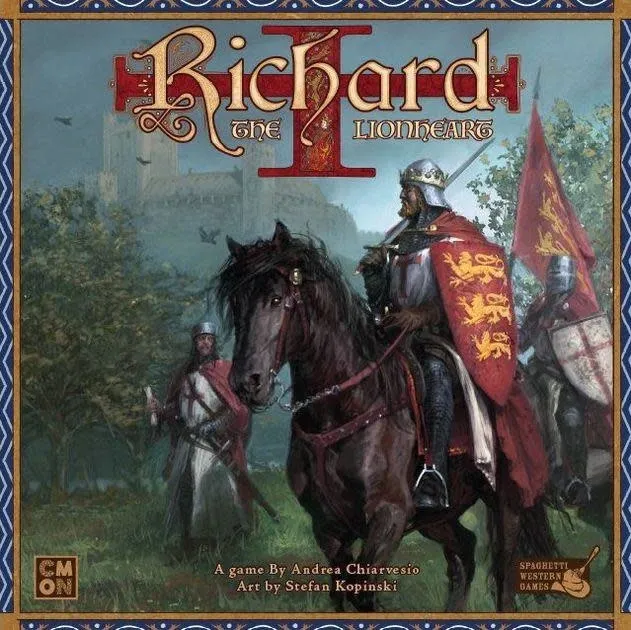 Richard the Lionheart box cover showing the king on horseback with medieval soldiers and banners.
