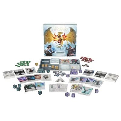 Ashes Ascendancy Starter Set components with box, cards, dice, tokens and player materials.