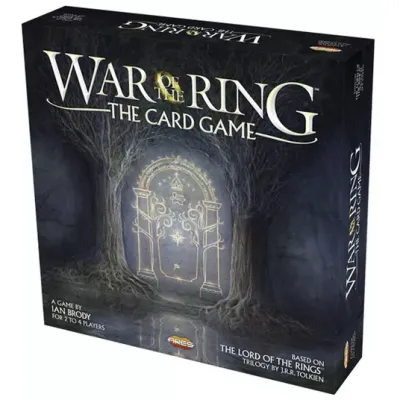War of the Ring: The Card Game box cover with the Doors of Durin glowing in a dark forest.