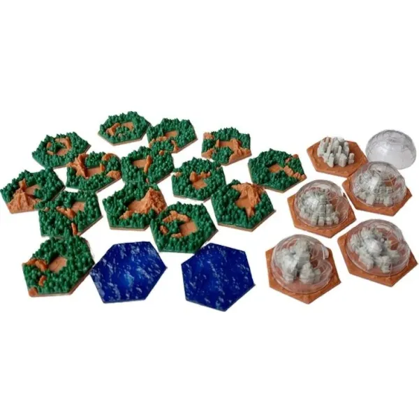 Terraforming Mars: 3D Tiles set showing raised forest, city, ocean and special terrain tiles.