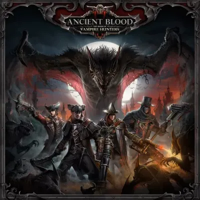 Ancient Blood: The Order of Vampire Hunters box cover with vampire hunters facing a giant bat-winged monster.