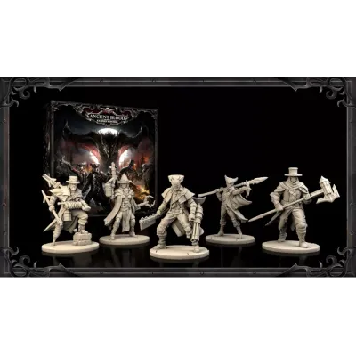 Ancient Blood: The Order of Vampire Hunters miniatures showing five vampire hunters with weapons and gothic styling.