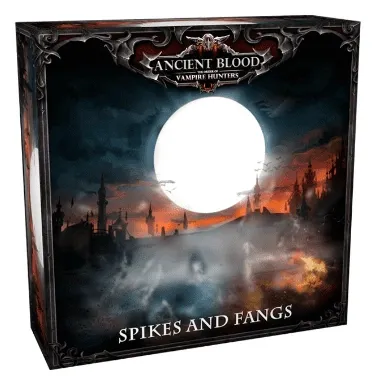Ancient Blood: The Order of Vampire Hunters – Spikes and Fangs Box cover with a full moon over a misty gothic skyline.