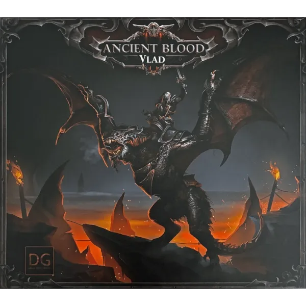 Ancient Blood: The Order of Vampire Hunters – Lord Vlad Expansion cover art showing Vlad riding a dragon over a dark gothic l