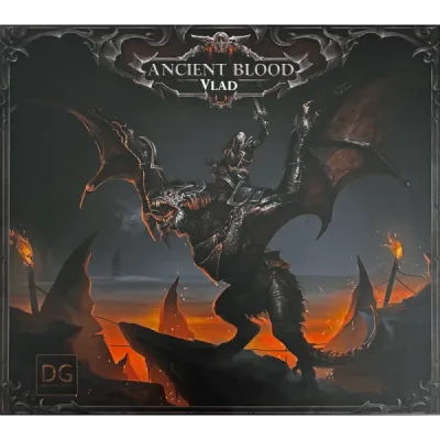 Ancient Blood: The Order of Vampire Hunters – Lord Vlad Expansion cover art showing Vlad riding a dragon over a dark gothic l