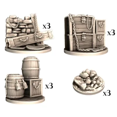 Ancient Blood: The Order of Vampire Hunters – 3D Tokens set showing plastic walls, crates, barrels and debris scenery pieces.