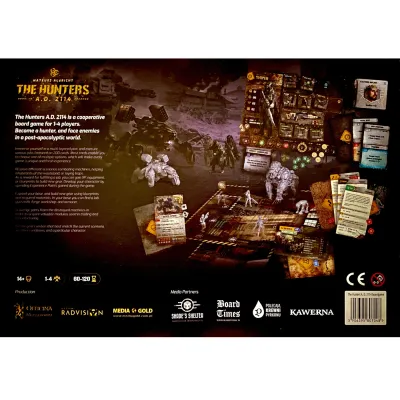 The Hunters A.D. 2114 box back showing game components, miniatures, cards and post-apocalyptic machine enemies.