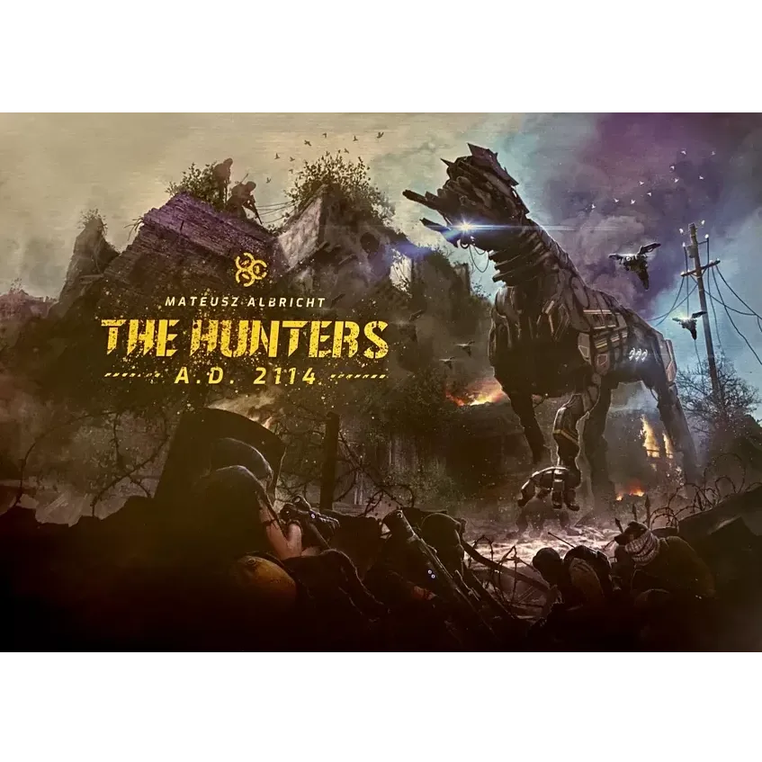 The Hunters A.D. 2114 cover art showing survivors facing a giant bird-like machine in a ruined settlement.