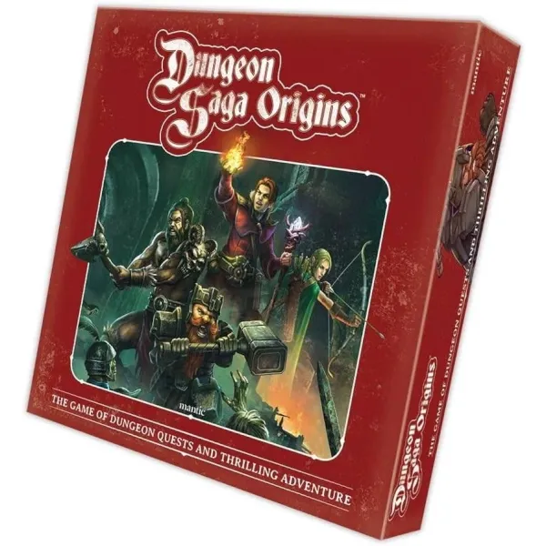 Dungeon Saga Origins Core Game box cover with fantasy heroes exploring a dark dungeon.