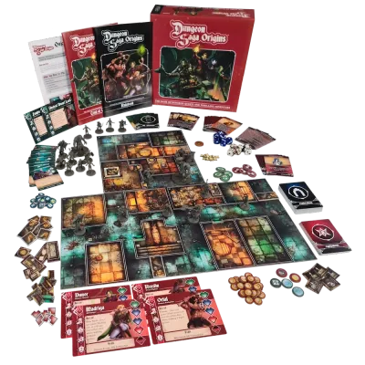 Dungeon Saga Origins Core Game setup with dungeon tiles, miniatures, cards, tokens, dice and rulebooks.