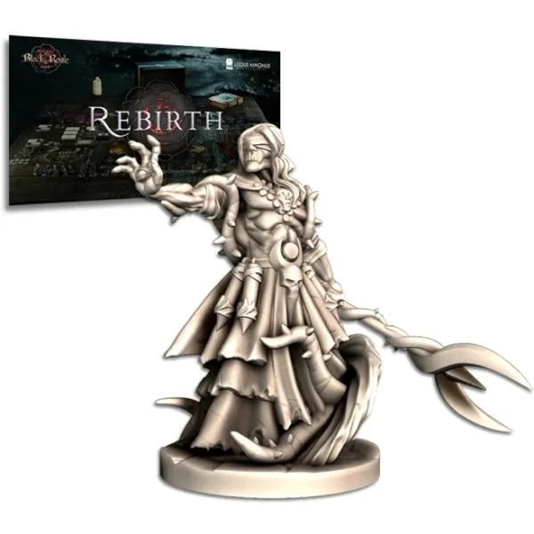 Ancient Blood: Black Rose Wars Rebirth Crossover – Landolfo miniature with Rebirth crossover box art in the background.