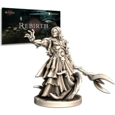 Ancient Blood: Black Rose Wars Rebirth Crossover – Landolfo Ancient Blood: Black Rose Wars Rebirth Crossover – Landolfo miniature with Rebirth crossover box art in the background.