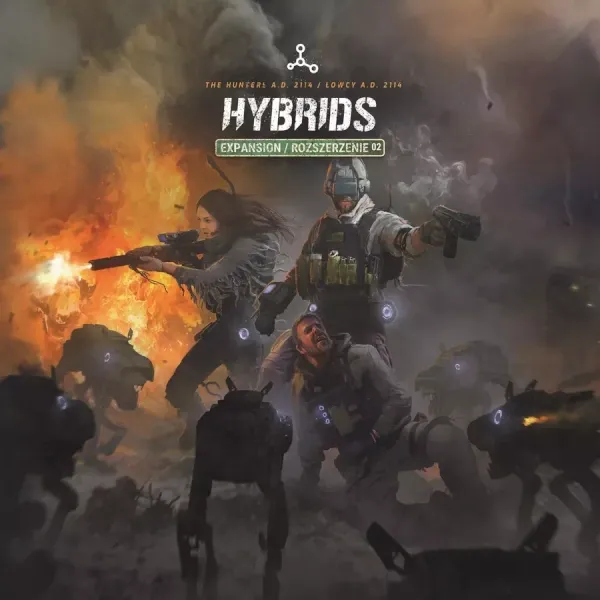 The Hunters A.D. 2114: Hybrids cover art showing armed survivors fighting machines in a burning post-apocalyptic battlefield.
