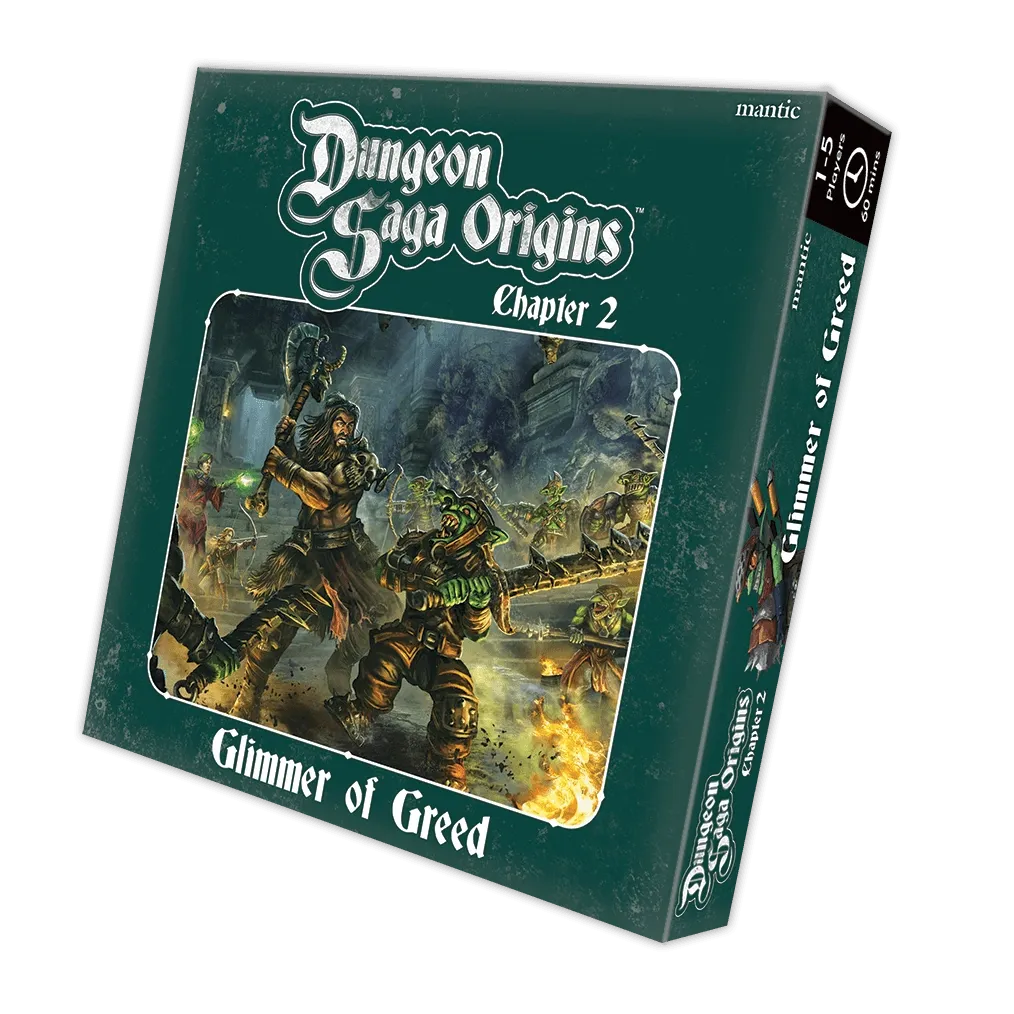 Dungeon Saga Origins: Chapter 2 – Glimmer of Greed box cover with heroes fighting Goblins in a ruined dungeon.