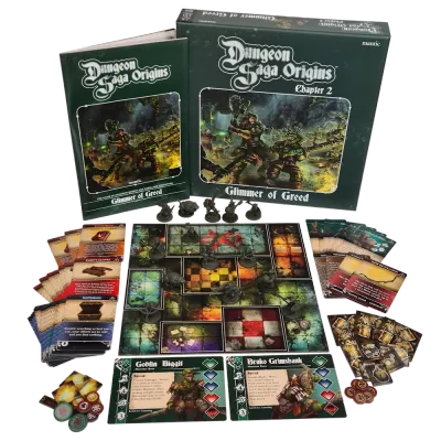 Dungeon Saga Origins: Chapter 2 – Glimmer of Greed components with box, quest book, miniatures, cards, tile and tokens.