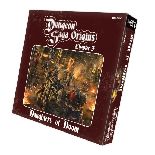 Dungeon Saga Origins: Chapter 3 – Daughters of Doom box cover with Abyssal Dwarfs in a fiery dungeon.