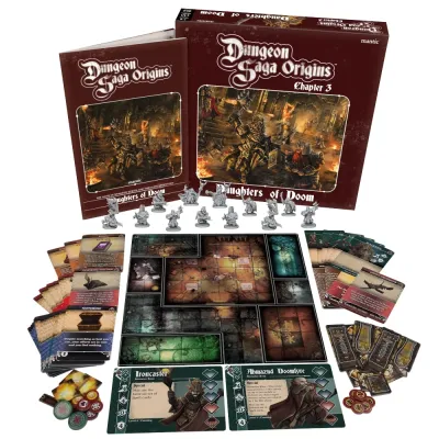 Dungeon Saga Origins: Chapter 3 – Daughters of Doom components with box, quest book, miniatures, cards, tile and tokens.