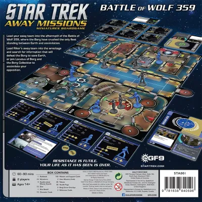 Star Trek: Away Missions – Battle of Wolf 359 box back showing game boards, cards, miniatures and Borg/Federation teams.