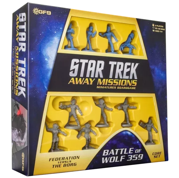 Star Trek: Away Missions – Battle of Wolf 359 Core Set box with Federation and Borg miniatures.