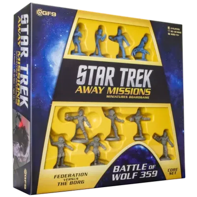 Star Trek: Away Missions – Battle of Wolf 359 Core Set box with Federation and Borg miniatures.