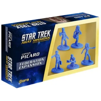 Star Trek: Away Missions – Captain Picard Federation Expansion box with blue Federation miniatures.