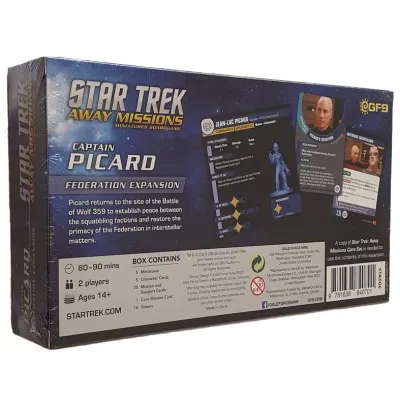 Star Trek: Away Missions – Captain Picard Federation Expansion box back with cards, contents and team details.