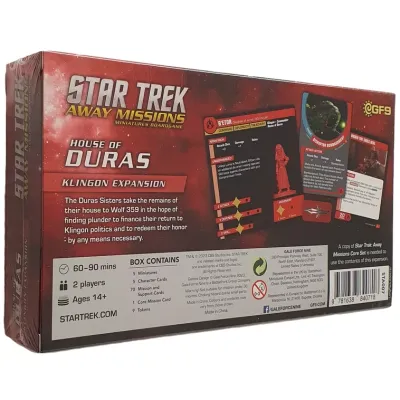 Star Trek: Away Missions – House of Duras Klingon Expansion box back with cards, contents and Klingon team details.