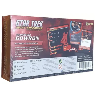 Star Trek: Away Missions – Chancellor Gowron Klingon Expansion box back with cards, contents and team details.